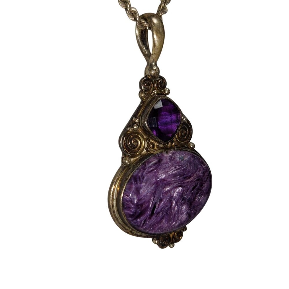 Natural Charoite Purple Amethyst Pendant Channel Set Sterling Silver Signed - Picture 5 of 11